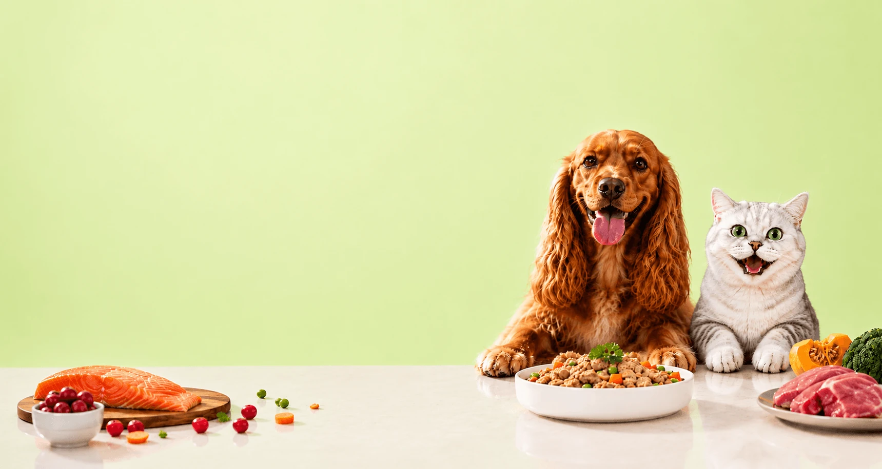 QualityFresh brand artwork showing a dog and cat with fresh food ingredients